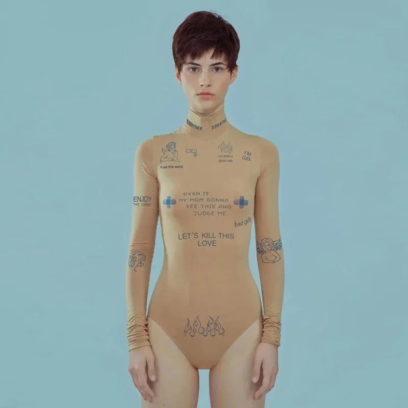 

fashion print letter skinny casual turtleneck long sleeve autumn bodysuit women simple basic wild female bodysuit