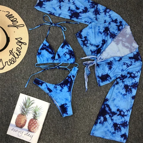 GNIM Long Sleeve Swimwear Women Bandage Bikini Mujer 2020 Summer Sexy Print Brazilian Swimsuit Female Three Pieces Biquini Set