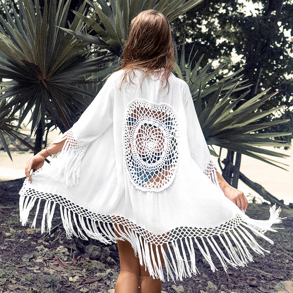 

Bohemian Fringe Beach Cover-Up White Bikini Long Cardigan Crochet Hollow Out Sexy Kimono Swimwear Holiday Outing New