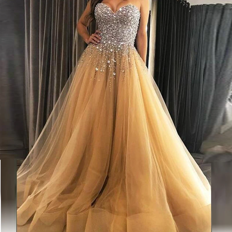 

Блестящее длинное Тюлевое платье цвета шампанского с бусинами, с открытыми плечами, милые вечерние платья для выпускного вечера, женские ве...