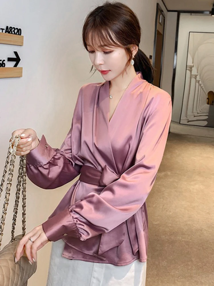 2019 Новая модная женская блузка рубашка атласная с длинными рукавами blusas Женская