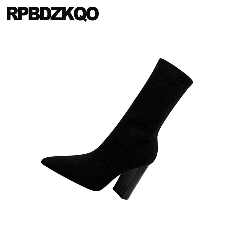 Женские ботильоны на толстом высоком каблуке демисезонные вязаные Роскошные