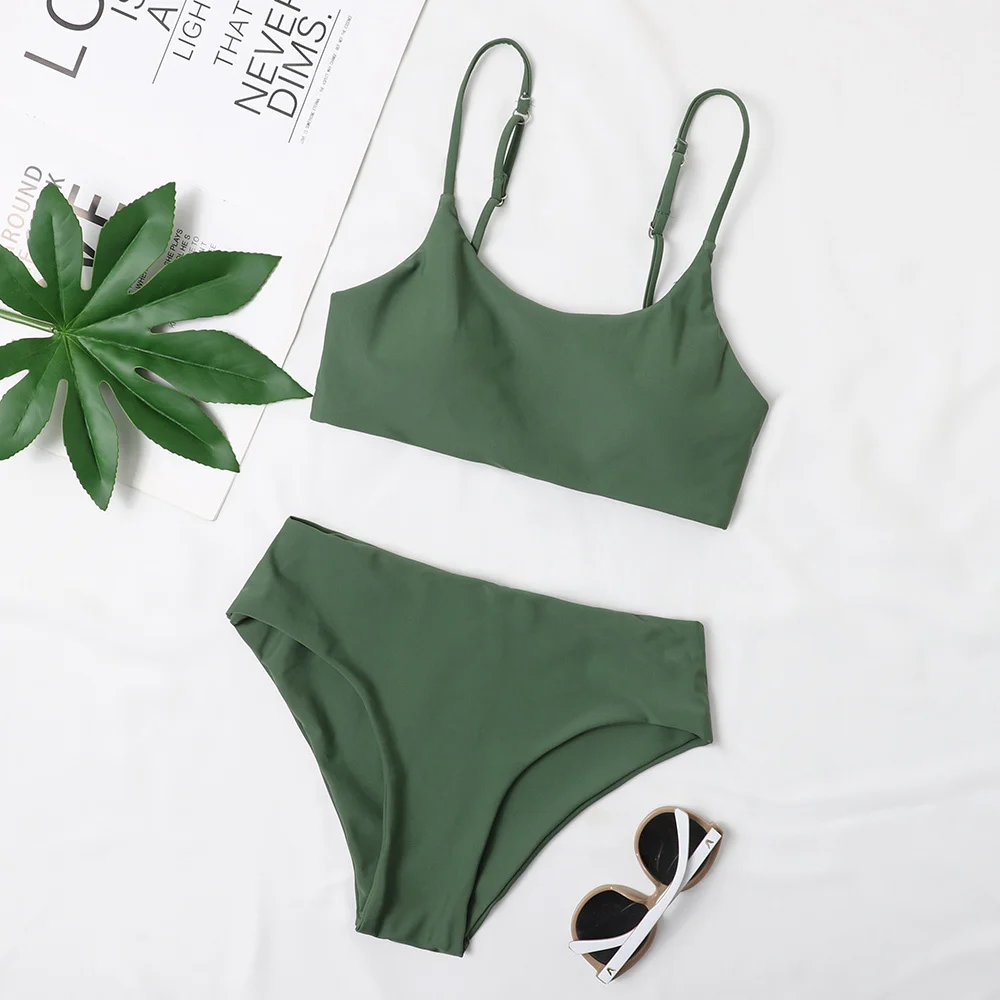 

Женский комплект бикини из двух предметов, пикантный Бразильский купальный костюм с высокой талией, однотонная одежда для плавания, зелена...