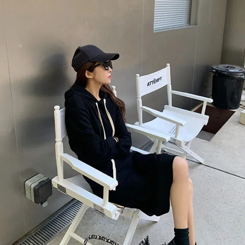

Woman Spring Autumn Hoodie Dress Loose Casual High Street Sweatshirt Dress Long Sleeve Skirt Back side split Versatile Female