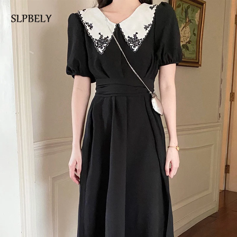 SLPBELY Women Elegant Black Dress Summer French Retro Chiffon Short Sleeve Fairy Party Dress Lapel Chic Dress Female Dress 2021