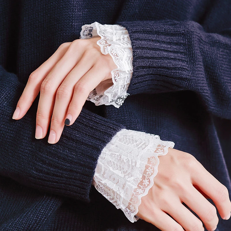 

Women Girls Decorative Chiffon Fake Flare Sleeves Floral Lace Pleated Ruched False Cuffs Apparel Wrist Warmers With Four Button