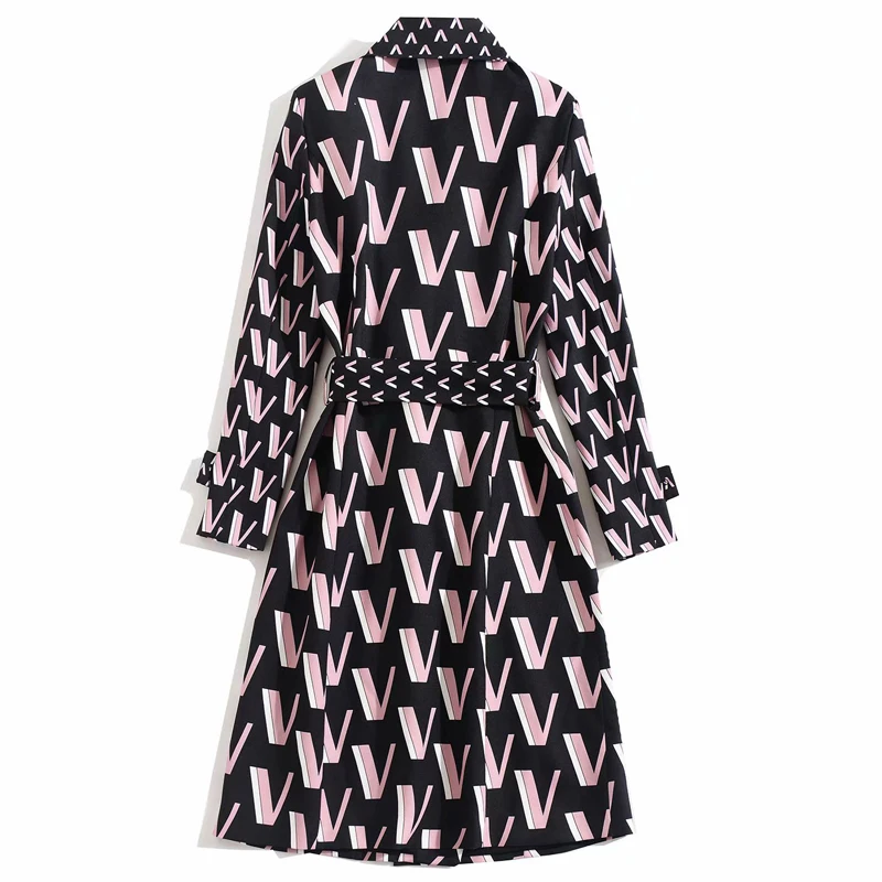 Windbreaker High Quality Autumn Winter New Women'S Fashion Party Office Vintage Elegant Letter Print Long Sleeve Midi Jacket