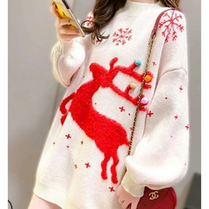 

Women\u2019s Casual Long Sleeve Sweater Cartoon Elk Embroidery Round Neck Long Style Knitwear