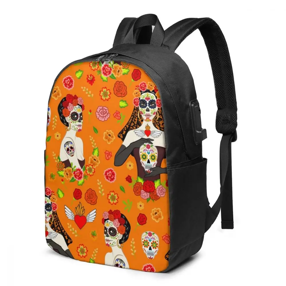 

School Bag for Boy Girl Mexican Women With Dia Los Muertos Sugar Skull Backpack with USB Charging Daypack For Teenager Student