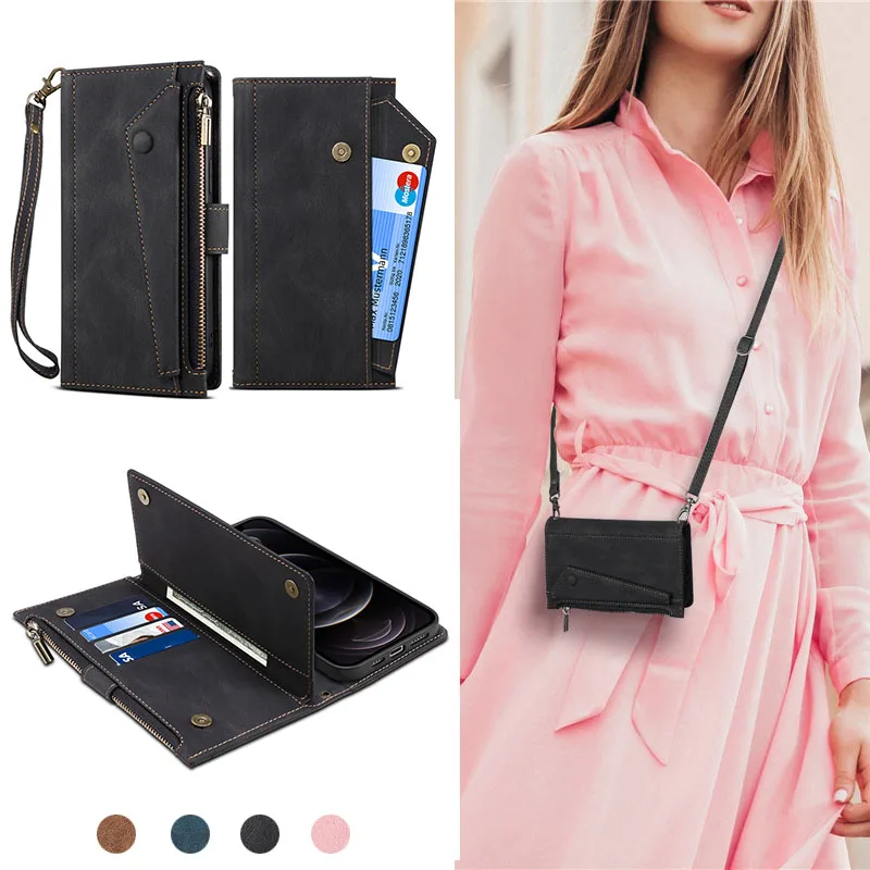 

Zipper Card Pocket Crossbody Flip Case for iPhone 12 11 13 Pro Max 6 7 8 Plus SE2020 X XS XR Long Strap Shoulder Wallet Cover