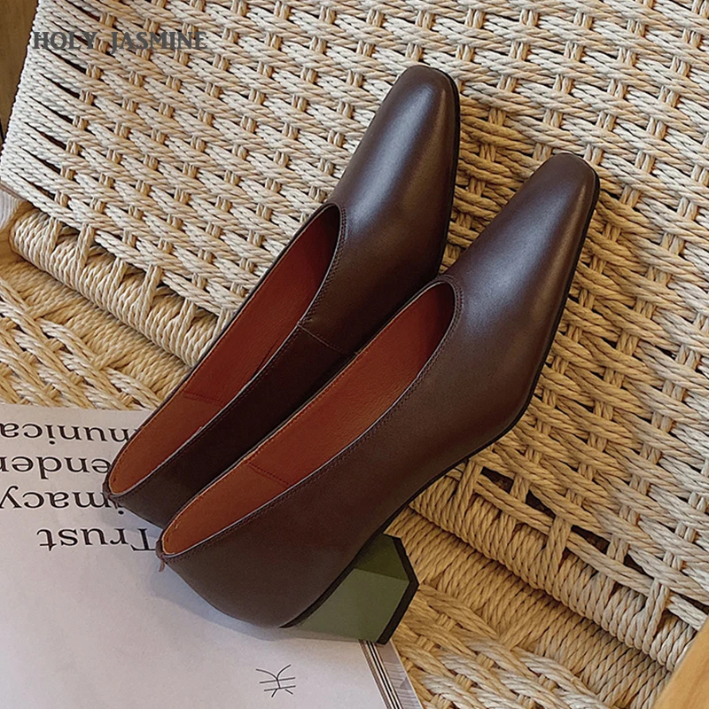 

Genuine Leather Pumps Women Square Toe Footwear Shallow Office Shoes Female Fashion Square Heels 5.5cm Woman Autumn 2020 New