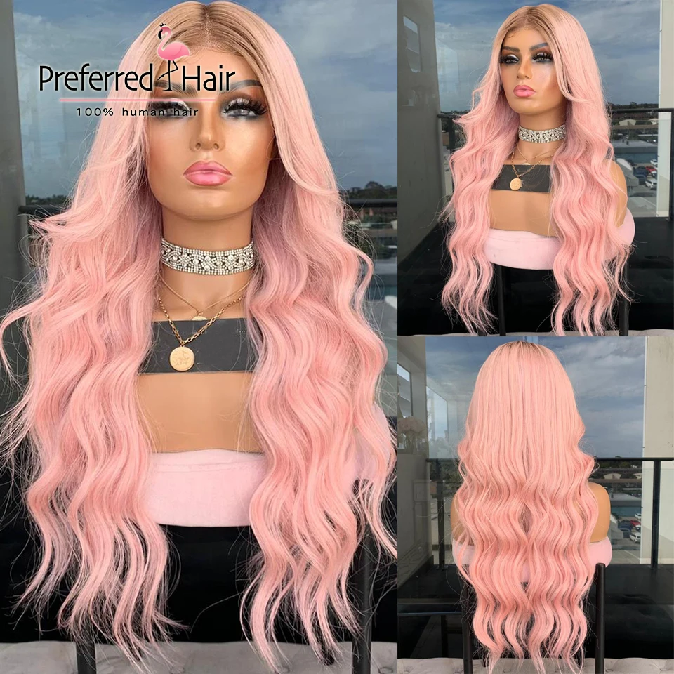 

Preferred Dark Blonde Ombre Pink Lace Front Human Hair Wigs Pre Plucked Rose Gold Loose Wave Wig Remy Hair Transparent Lace Wigs