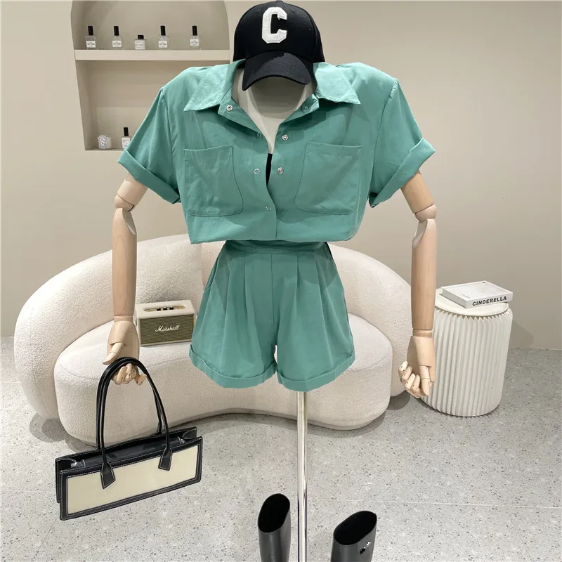 

Niche Design New Women's Clothing 2021 Versatile Short Sleeve Polo Neck Casual Shirt + High Waist Wide Leg Shorts Two Piece Set