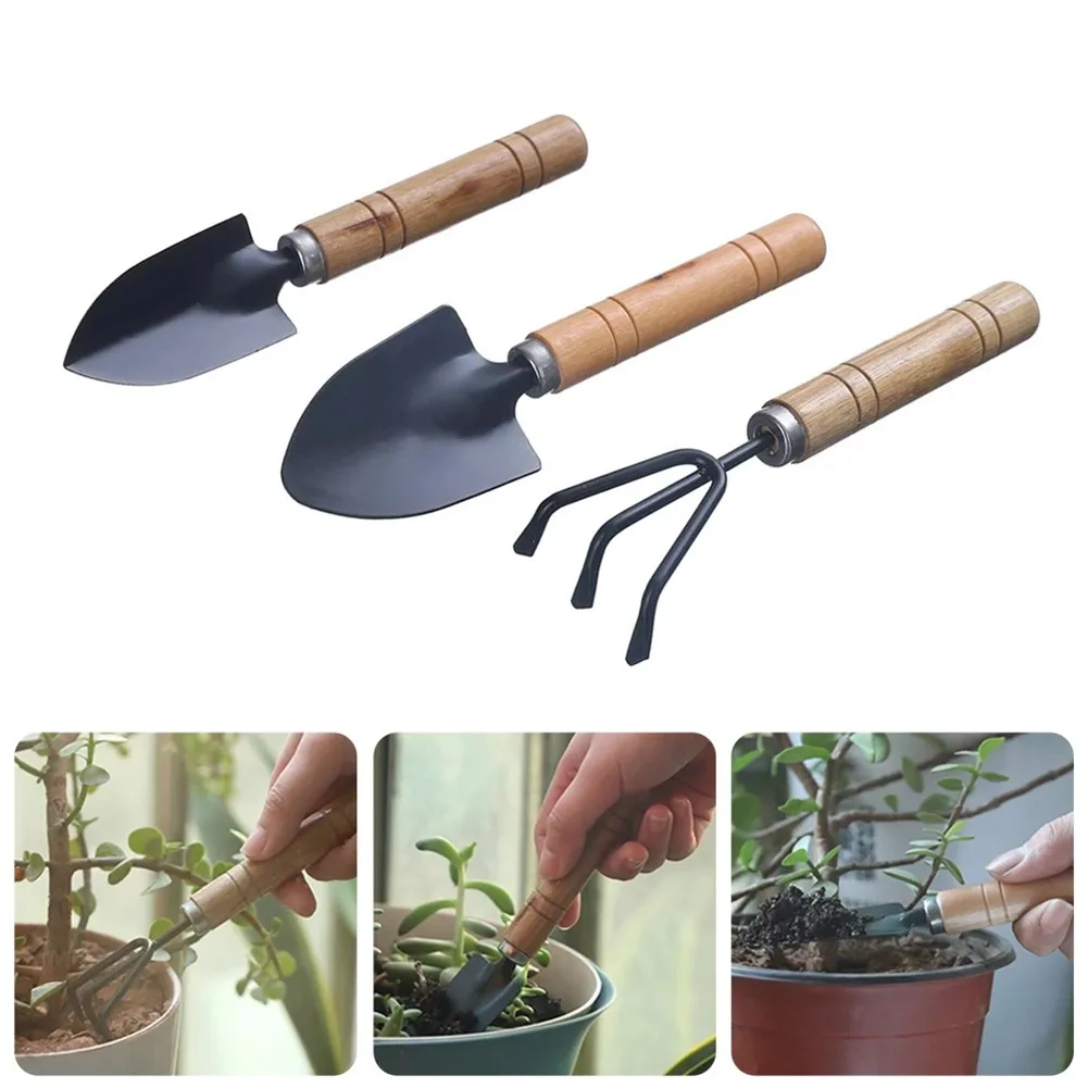 

3pcs Mini Plant Gardening Tools Set Mini Spade Claw Rake Shovel Flowers Planting Wooden Handle Metal Head Gardening Tools