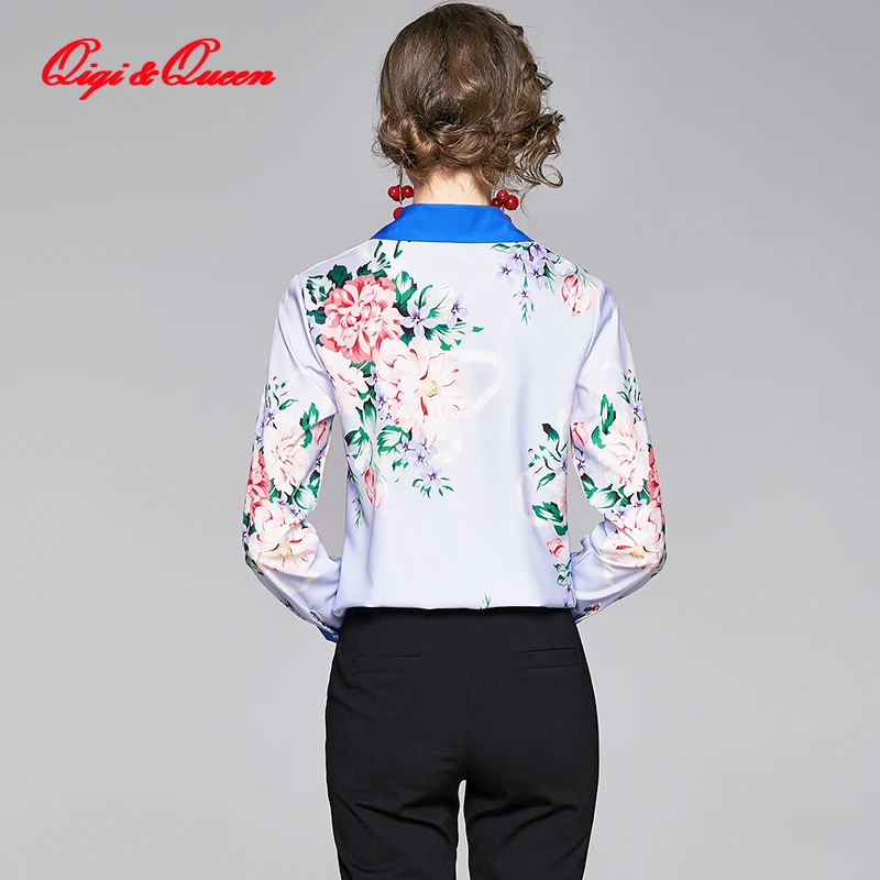

Qiqi&queen Women's Flower Print Shirts Long Sleeve Female Tops Spring Autumn Loose Casual Office Ladies Shirt Plus Size
