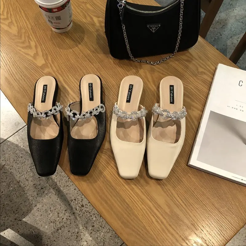 

Shiny women's slippers new Korean fashion all-match bow slippers temperament square head rhinestone flat bottom ladies slippers
