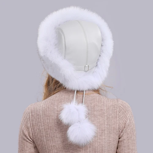 natural fox white Женская шапка из натурального Лисьего меха для русской зимы, теплая мягкая пушистая шапка из меха лисы, роскошная женская качественная шапка-бомбер из натурального Лисьего меха - Цвет: natural fox white