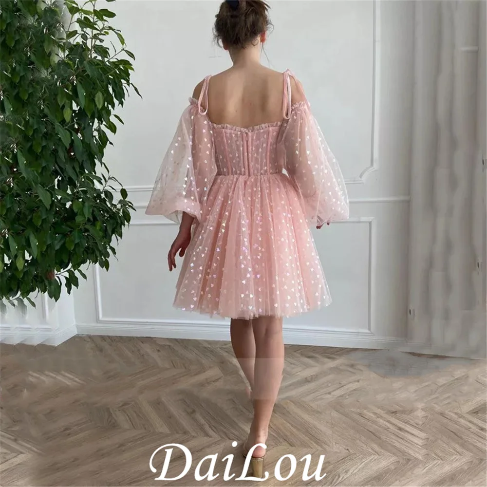 

Puff Sleeves Blush Pink Cocktail Party Dresses Tulle Short Prom Gowns Above Knee Length 2021