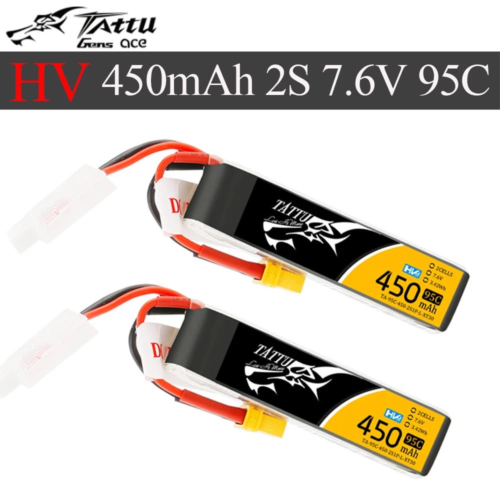 

Высоковольтный аккумулятор Tattu 450 мАч 7,6 В 95C 2S1P Lipo с разъемом XT30