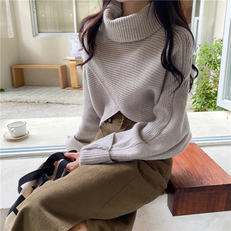

Alien Kitty Japan Style Turtleneck Warm Knitted Sweater Solid Sweater Minimalistic 2021 Winter Korean Basic Fashion Elegant