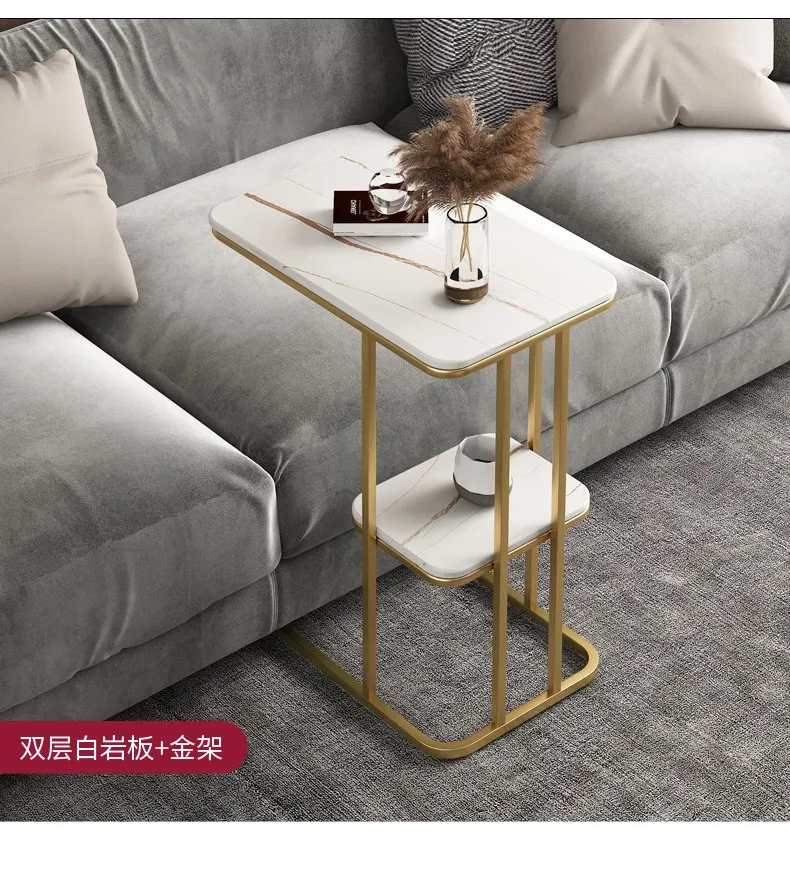 

Simple square side table in the living room, portable small coffee table, white rock board + gold frame [double layer]