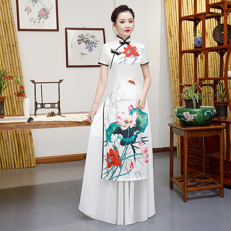 

Big size Ao Dai Women Long Cheongsam Wedding Banquet Bride Ball Gown Party Dress Mandarin Collar Chinese Style Qipao size S-5XL