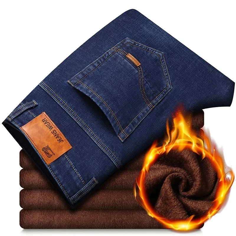 

2022 Стрейчевые джинсы, прямые брендовые высококачественные хлопковые брюки, мужские зимние теплые толстые мужские джинсы большого размера из флиса