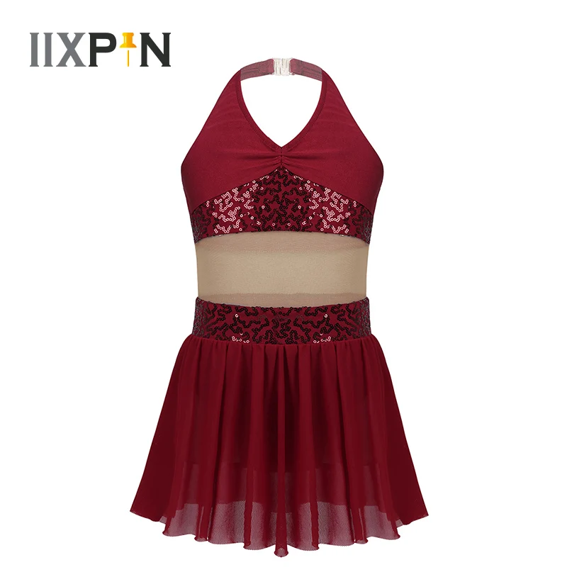 Балетное трико для девочек платье без рукавов с бретелькой через шею блестки