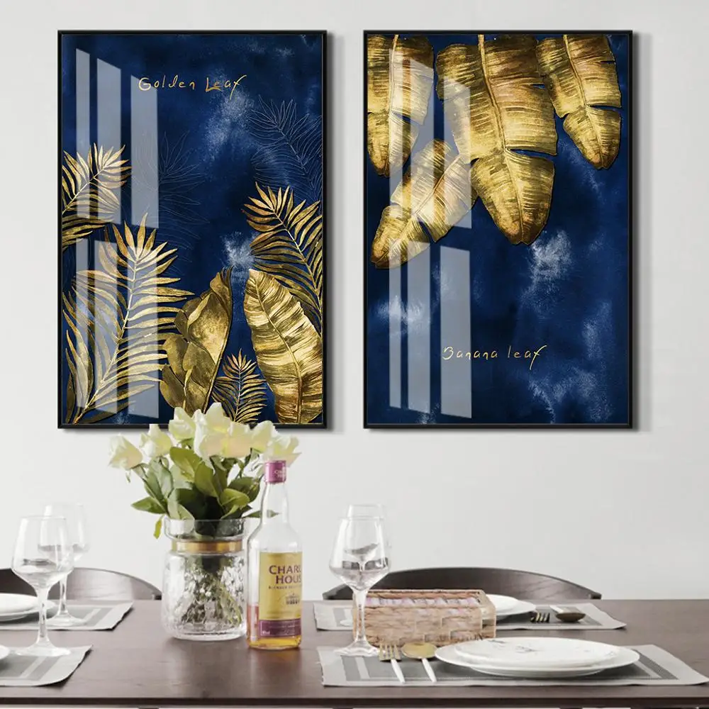 Роскошный настенный холст с золотым листом картина растением синий плакат и