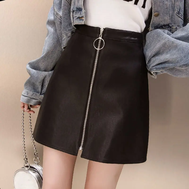 2020 Women's Zip Leather Skirt High Waist Pu Skirt a Word Woman Skirts Mujer Faldas Saias Mulher