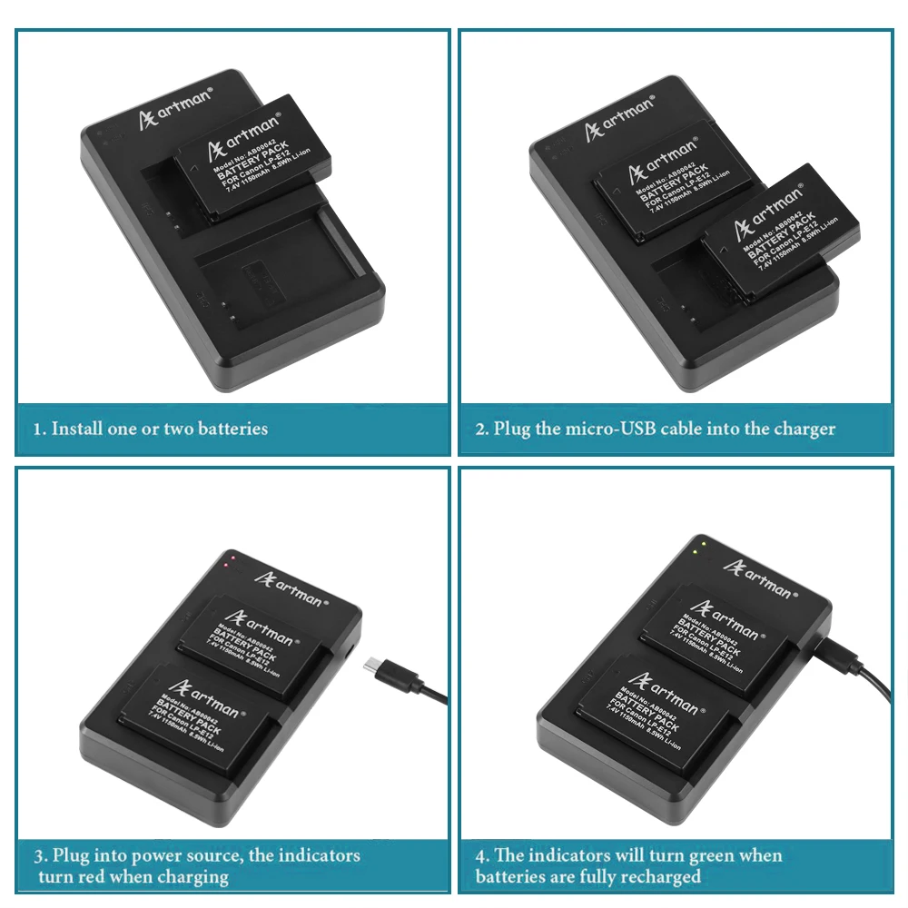 Artman 2 Pack LP E12 запасные батареи и зарядное устройство с двумя микро USB|Цифровые
