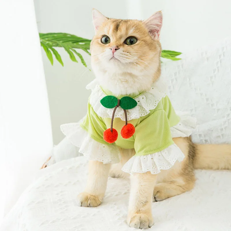 

Летняя кружевная Одежда для кошек с маленькой вишней, футболка для маленьких собак, тонкая дышащая одежда для домашних животных на весну и л...