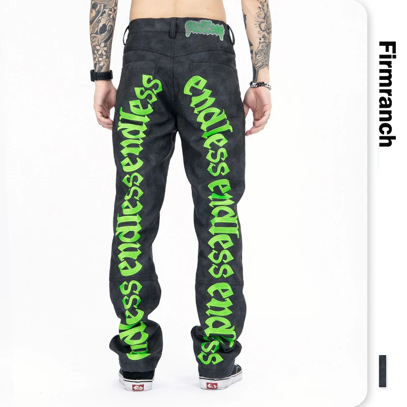 Firmranch New White/Green Letters Embroidery Back Jeans For Men Ins High Street Jeans Homme Loose Endless Denim Pant Moto Trouse