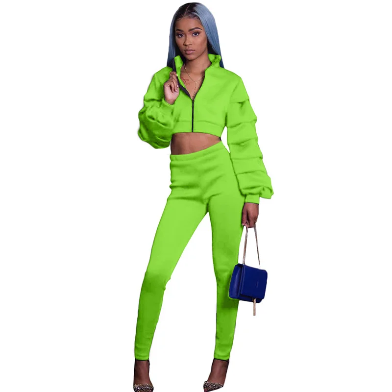 

Streetwear Sexy Ruffle Long Sleeve Jacket Crop Top and Pants Two Piece Set Female Fall Winter Neon Matching Track Suit Outfits
