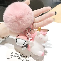 cute pompom keychains cartoon silicone unicorn key chain with artificial fur ball lanyard women bag pendant car jewelry key ring
