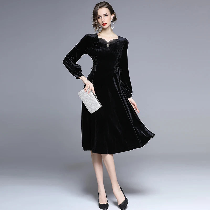 

ZUOMAN Women Winter Luxury Velvet Dress Festa High Quality Long Elegant Office Party Robe Femme Vintage Designer Vestidos