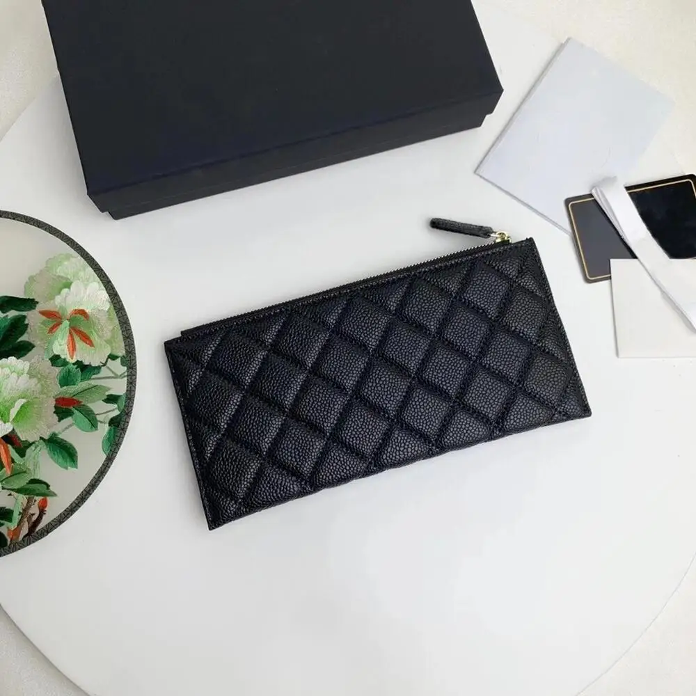 Goedkoop Top Kwaliteit Vrouwen Portemonnee Gevouwen Lange Portemonnee Dames Clutch Handtas Luxe Mannen Kaarthouder Caviar Koe Lederen Munt Zak Met Doos