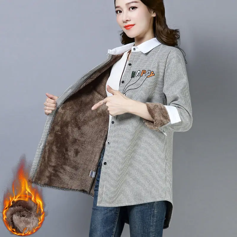 

Fashion Vintage Embroidered Stripe Thick Velvet Women Blouse Warm Casual Long Sleeve Turndown Collar Shirts Ladies Jacket X244