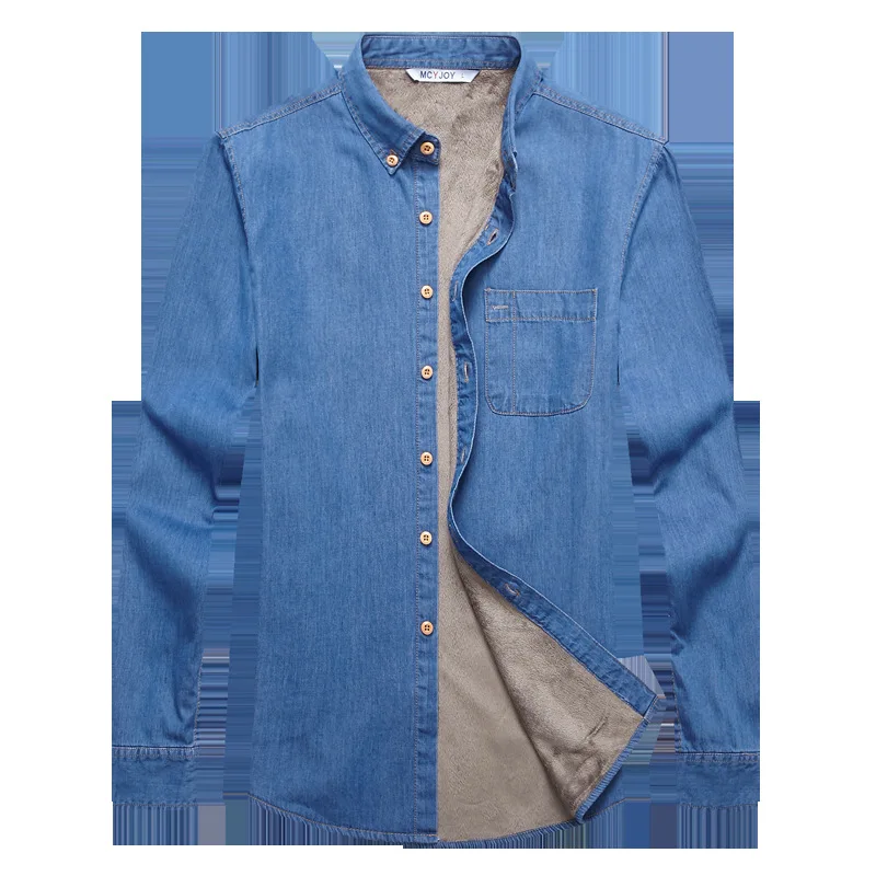 Top Quality Fashion Brand Winter Jeans Shirt Men Warm Fleece Lined Velvet Denim Shirts 4XL Male Bottoming Shirt
