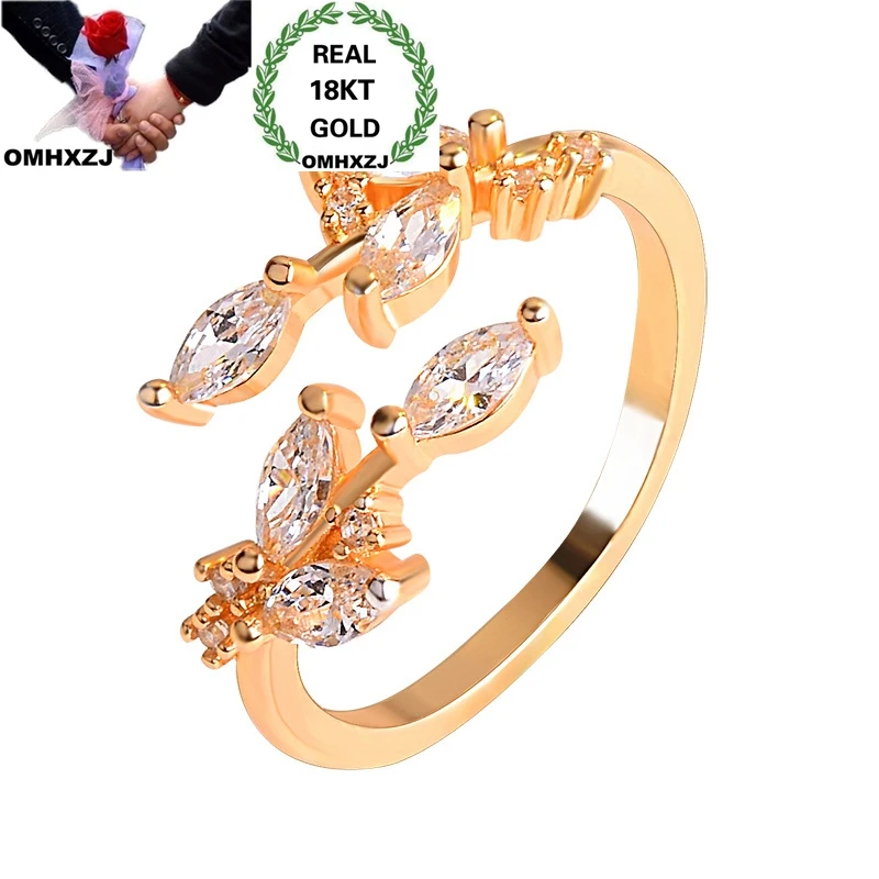 

OMHXZJ Wholesale European Fashion Jewelry Woman Girl Party Birthday Wedding Gift Leaf AAA Zircon Resizable 18KT Gold Ring RR939