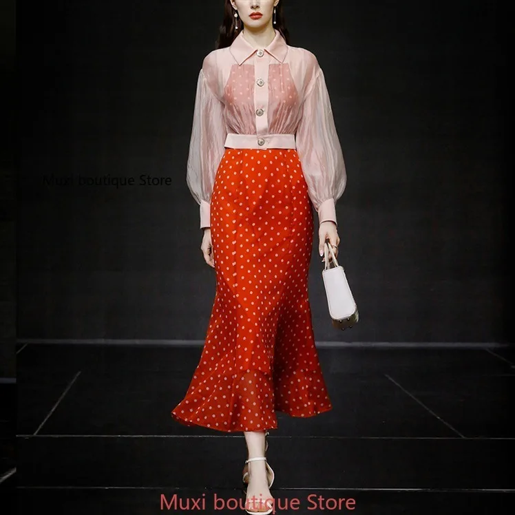 

Skirt new style retro elegant lantern sleeve sunscreen shirt Slim slimming polka dot chiffon dress suit