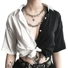 Женская Лоскутная футболка на пуговицах y2k, повседневный укороченный топ, женский черный и белый контрастный Топ до пупка, 2021