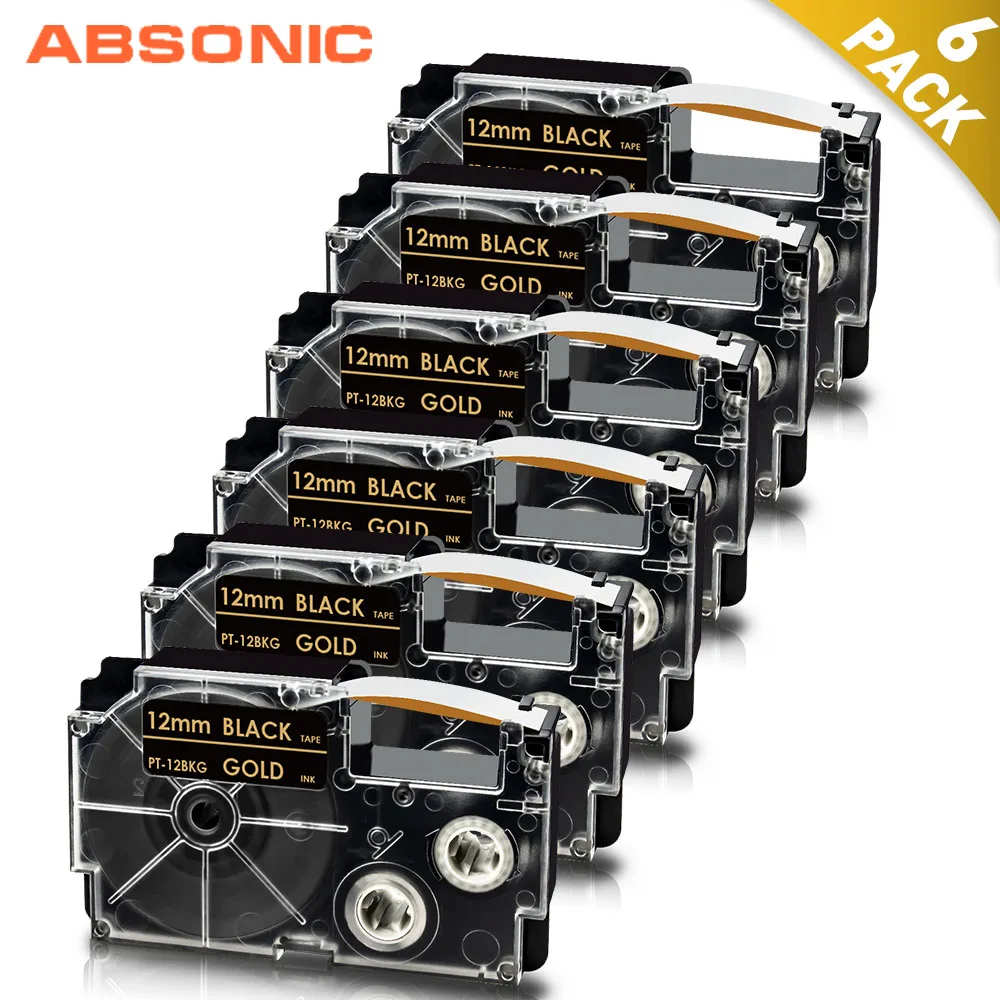 Absonic 6PK XR-12BKG Золотая на черном совместима с лентой для этикеток Casio 12 мм * 8 м