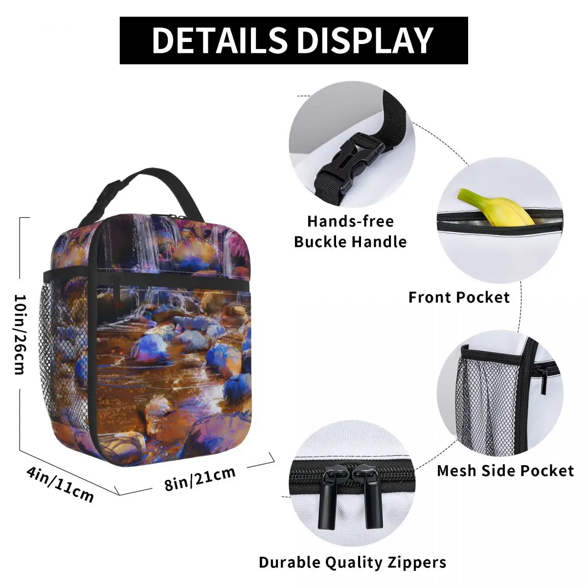 

Colorful Stones Waterfall Lunch Bag for Women Men Large Insulated Lunch Box with Water Bottle Holder and Pockets