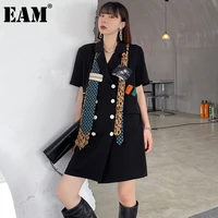 eam women black plaid spliced big size blazer dress new lapel half sleeve loose fit fashion tide spring summer 2021 1de0799