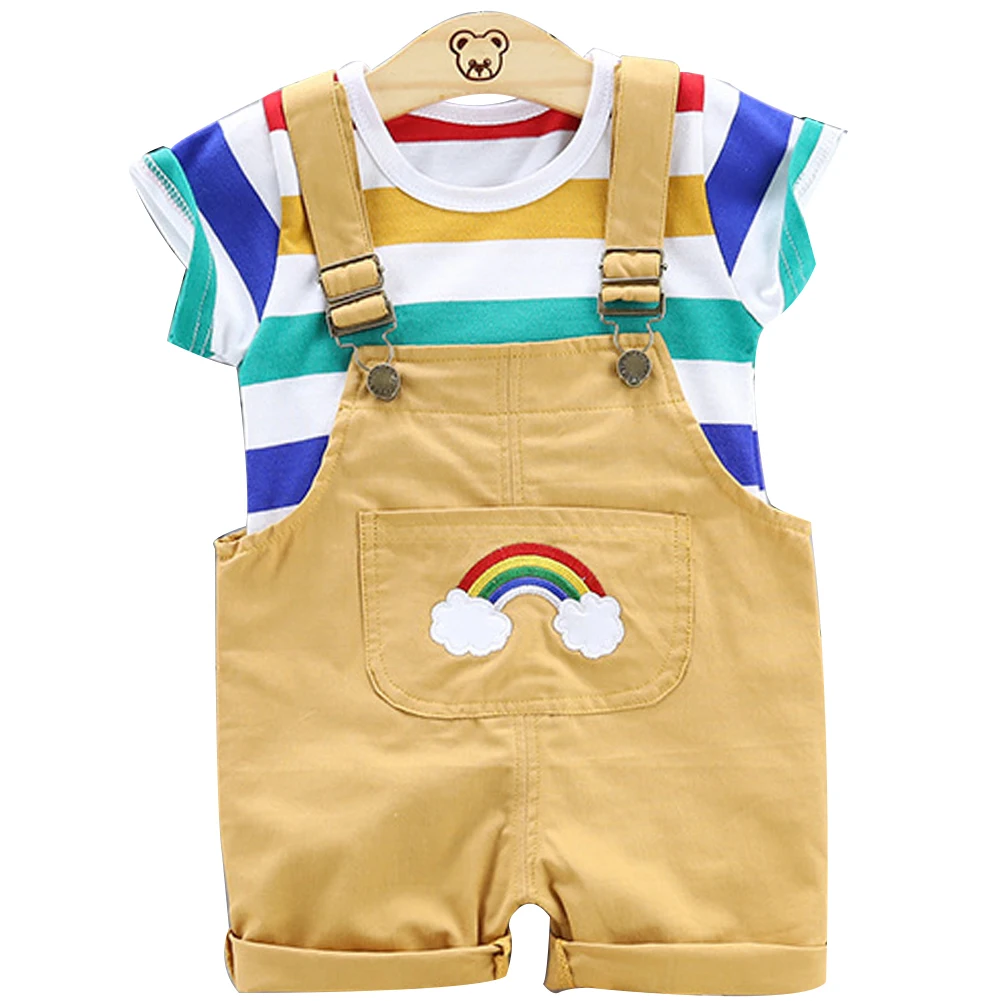 

Toddler Baby Two Pieces Short Sleeve Comfortable Summer Striped Round Neck Cotton Blend Casual With T Shirt Daily Overalls Set