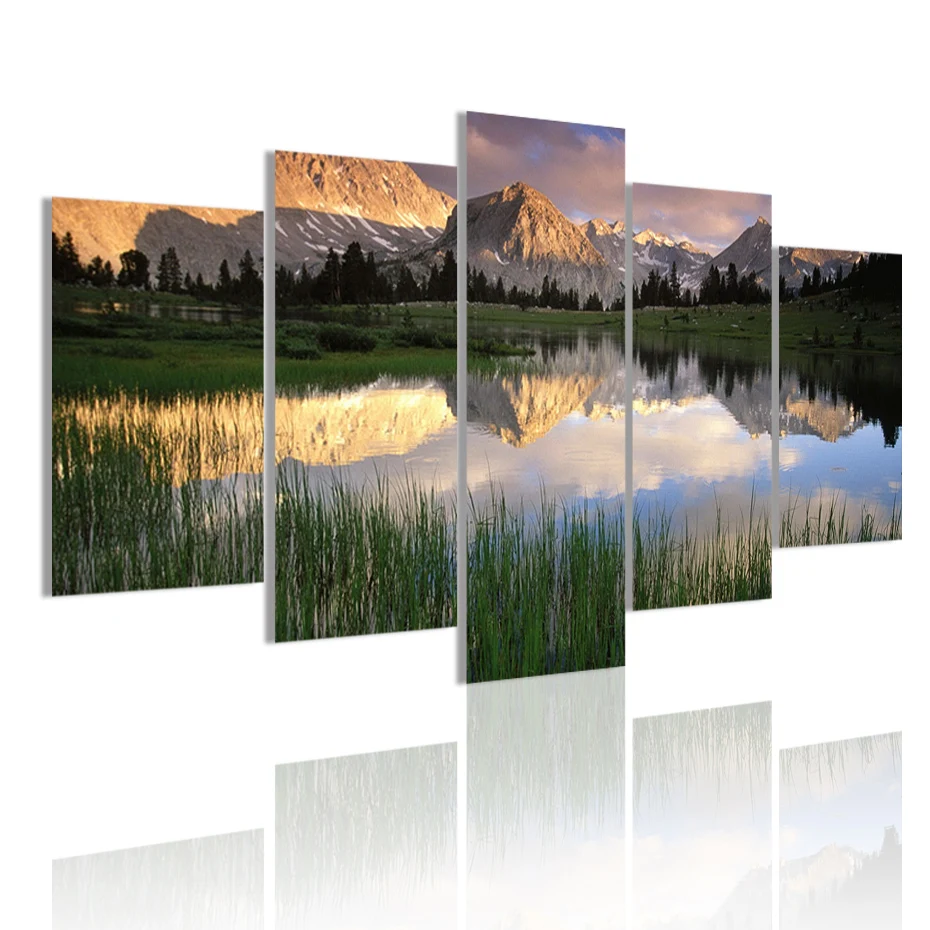 

Modern Mountain Reflection Lake Landscape 5 Panels Canvas Painting Poster Wall Art Print Picture Living Room Home Decor Frame