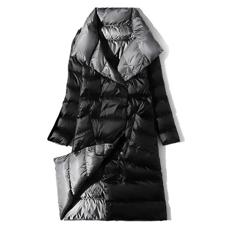 Women Double Sided Down Long Jacket Winter Turtleneck White Duck Down Coat Double Breasted Warm Parkas Snow Outwear