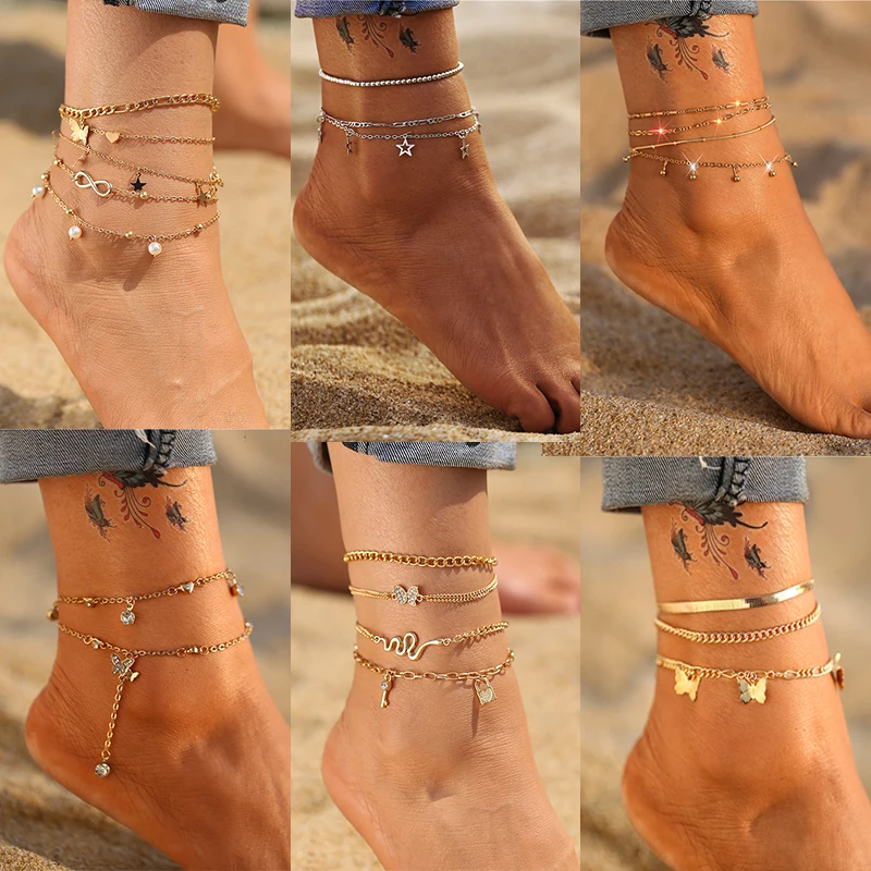 

Gold Fashion Snake Chain Multilayer Anklets Women Beads Anklet Leg Chain Ankle Bracelets Beach Foot Jewelry Accessories