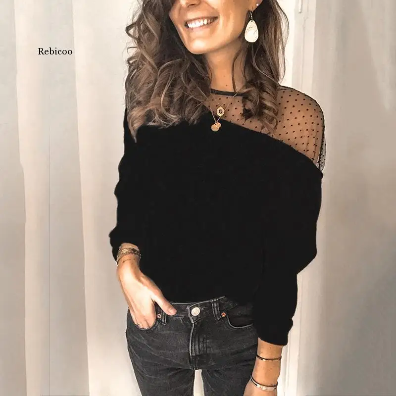 

Повседневная сетчатая прозрачная Свободная блузка в горошек, женская черная рубашка большого размера с длинным рукавом, Офисная Женская одежда